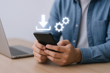 Mobile App Installation Concept: Person Using Smartphone with Download Icon and Gear Settings Animation