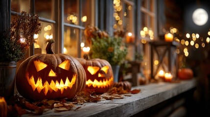 Fototapeta premium Illuminated Jack O' Lanterns on a Rustic Window Ledge: Halloween Night Festive Still Life