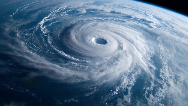 Aerial view of a tropical cyclone captured from space, showcasing swirling mass of clouds and a distinct eye.