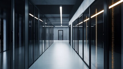 A modern server room featuring long rows of glass door server racks with strip lighting and a concrete floor