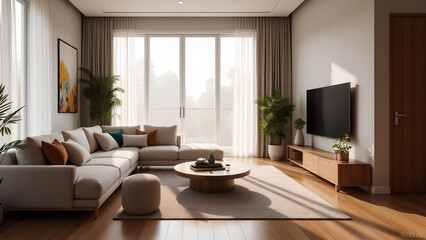 A contemporary living room interior features a comfortable sofa and elegant furniture