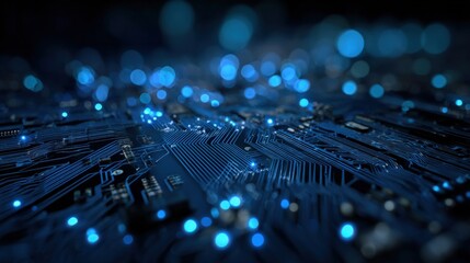 Futuristic Circuit Board with Glowing Nodes: High-Tech Innovation and Data Connectivity for Modern Technology