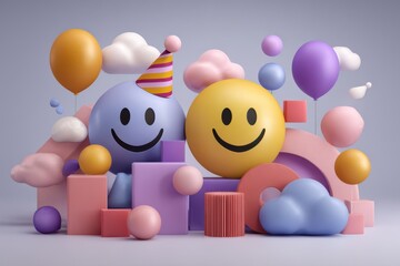 Obraz premium Joyful 3d smiley faces with balloons and party hat celebrating