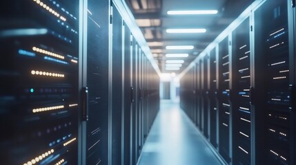 Modern server room with rows of server racks and glowing LED lights technology