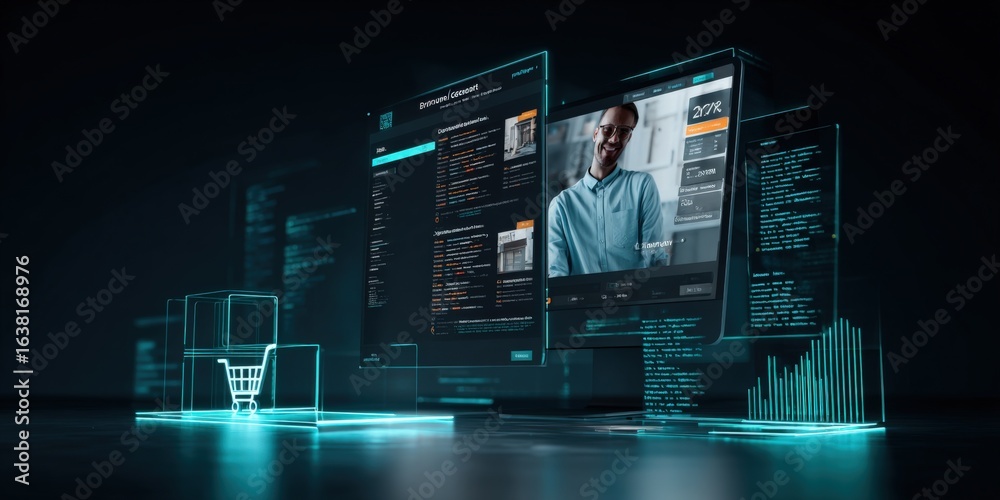 Wall mural futuristic e-commerce platform interface with digital shopping cart and user profiles on multiple sc