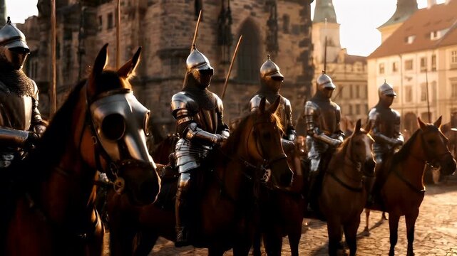 Prague, Czech Republic. A vivid portrayal of medieval knights on horseback, set against a backdrop of historic architecture. The knights are clad in full armor, with helmets and swords.