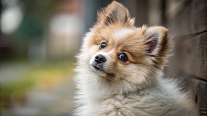 Obraz premium Puppy Adoption Concept A fluffy puppy gazes curiously, showcasing its playful and adorable nature.