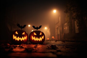 Spooky Halloween Night: Two Jack-o'-Lanterns with Bat Decorations on a Foggy Street, Lit by Distant Streetlights