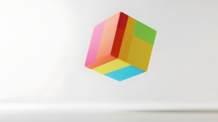 3D render of a vibrant, geometrically-shaped cube suspended against a light grey background.