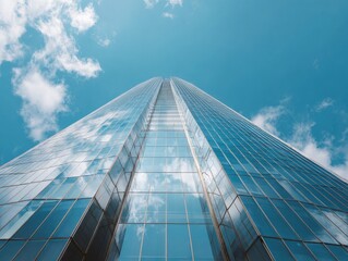 Modern glass skyscraper from low-angle perspective against a blue sky, reflective surfaces