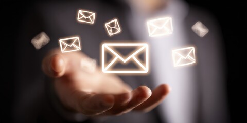 Businessman Holding Glowing Email Icons, Representing Digital Communication and Marketing Campaigns