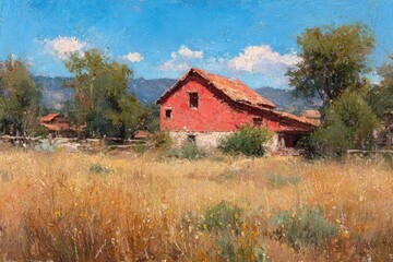 Sunny landscape with a vibrant red barn