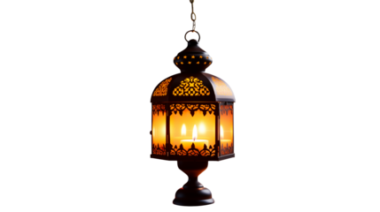 Warm glow of ornate hanging lantern with flickering candles creates inviting ambiance, perfect for festive celebrations or cozy evenings