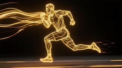 Obraz premium Golden line art style, the image of an athlete in a long run, surrounded by a golden energy and light effect, against a dark background