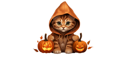 Adorable fluffy kitten in an orange hoodie sits between two glowing jack-o'-lanterns surrounded by autumn leaves, perfect for festive fall celebrations