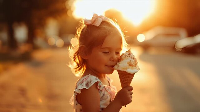 A young girl with a pink bow in her hair holds an ice cream cone against a backdrop of a sunset. The scene is bathed in warm hues of orange and yellow.