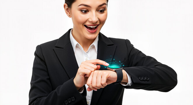 Excited Businesswoman Interacting With Futuristic Smartwatch Displaying Glowing Technology Interface