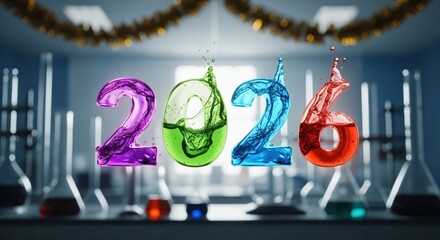 2026 made of colorful splashing liquid. New Year celebration concept in a science laboratory with beakers and flasks. Chemistry and holiday theme.