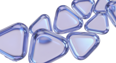 Smooth rounded triangles with a metallic iridescent blue edge arrangement Abstract Geometric Shapes Glossy transparent background