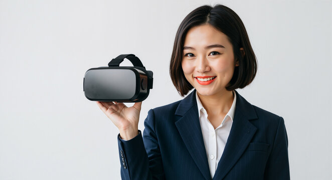 Young Asian woman in business attire holding a VR headset in a modern coworking space with an isolated background