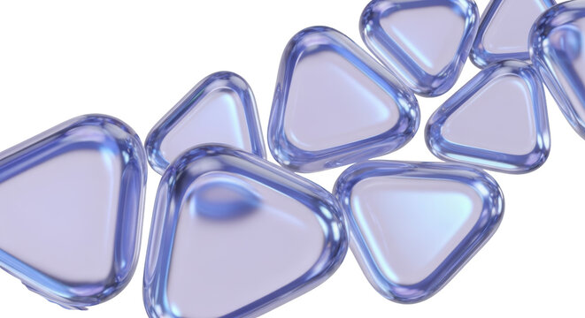 Smooth rounded triangles with a metallic iridescent blue edge arrangement Abstract Geometric Shapes Glossy transparent background
