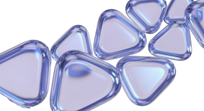 Smooth rounded triangles with a metallic iridescent blue edge arrangement Abstract Geometric Shapes Glossy transparent background