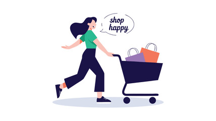 Happy Woman Pushing Shopping Cart Filled with Colorful Bags and Shop Happy Bubble