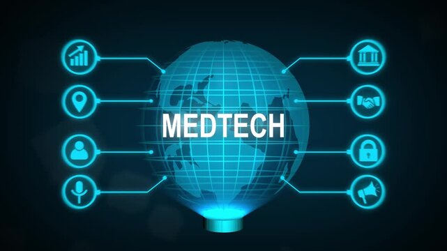 Medtech medical technology information , new business concept tee icon attached around the map features the concept of network and technology confirmed the map is rotating ,specify all icons