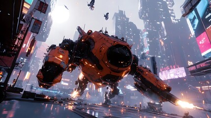 Digital illustration depicts a massive, orange mech towering over a futuristic, rain-slicked cityscape.