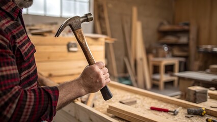  Close-up carpenter holding hammer in wooden workshop background, wearing flannel shirt, focusing on hammer head and woodworking craftsmanship process.