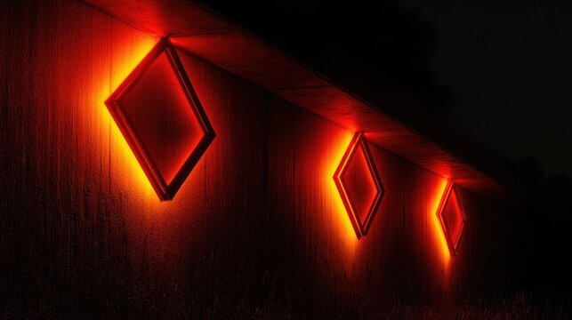 Glowing neon outlines of geometric shapes lighting up a black wall - Powered by Adobe
