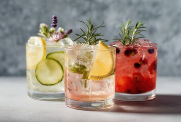 Three Refreshing Cocktails with Citrus, Herbs, and Berries on a Grey Background