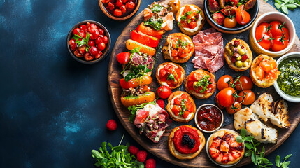 Fototapeta premium Vertical top-down view of assorted delicious appetizers and bite-sized finger foods served on a rustic wooden plate, perfect for restaurant menus, catering promotions, and gourmet food stock photograp