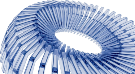 Blue glass segments form a circular curved structure with a serrated edge abstract geometric isolate transparent background