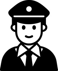 Minimalist Pilot Icon with Cap and Tie Depicting Friendly Professional Airline Captain in Black and White Style