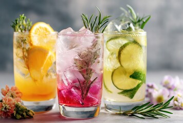 Fototapeta premium Three Refreshing Summer Beverages with Herbs and Fruits for Outdoor Gatherings