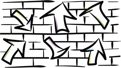 Arrows graffiti on a brick wall with different directions and colors pointing up down and diagonally forward