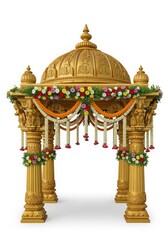 Fototapeta premium Golden gazebo mandap with floral decoration, traditional Indian wedding, festive design element.
