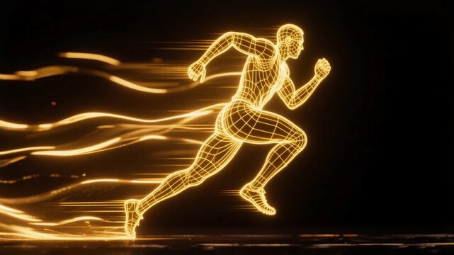 Golden line art style, the image of an athlete in a long run, surrounded by a golden energy and light effect, against a dark background