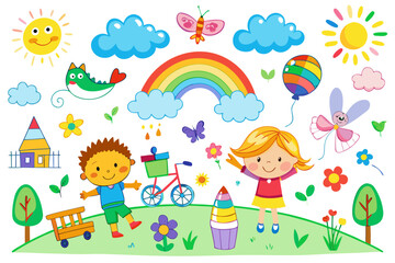 Fototapeta premium Delightful cartoon wonderland with smiling sun, rainbow, happy children, colorful flowers, bicycle, and playful fantasy elements creating a whimsical scene full of joy and imagination