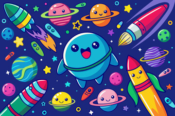Adorable cartoon planets and rockets create a fun, playful space adventure, perfect for children's books, educational materials, and vibrant designs that spark imagination