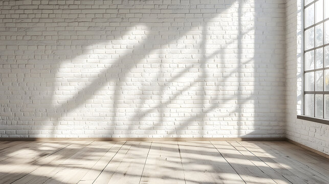 Photorealistic minimalist interior with a clean white brick wall, perfect as a versatile backdrop for photo manipulations, Zoom meetings, virtual backgrounds, and creative digital design projects