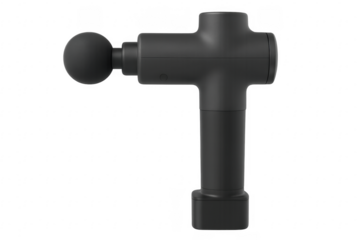 Black massage gun on transparent background promoting muscle recovery and relaxation