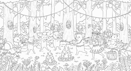 Enchanting forest festival with cute woodland animals dancing around a campfire, a whimsical coloring book page illustration