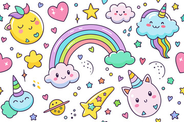 Delightful whimsical pattern showcasing adorable unicorn clouds, rainbow, stars, and hearts, perfect for children's designs, invitations, and charming decorations with a playful twist
