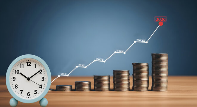 Stacked coins with clock and rising financial graph to 2024, investment growth, business profit and time management concept