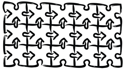 Black and white puzzle pattern with arrows pointing in different directions in a seamless design