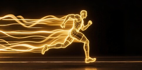 Golden line art style, the image of an athlete in a long run, surrounded by a golden energy and light effect, against a dark background