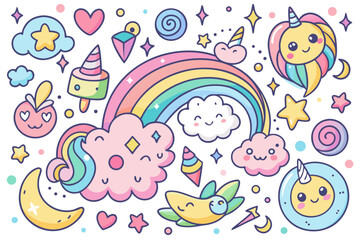 Fototapeta premium Whimsical unicorn rainbow and cloud illustrations create a magical, vibrant, and joyful atmosphere perfect for children's designs and creative projects
