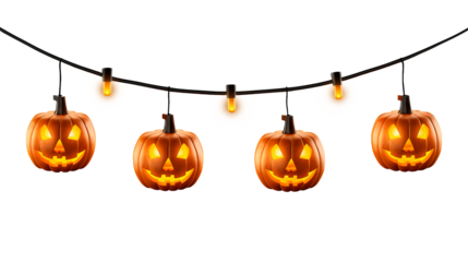 Spooky Halloween pumpkin lights string, glowing jack-o'-lanterns creating fun festive atmosphere, perfect for autumn celebrations and Halloween decor projects, holidays